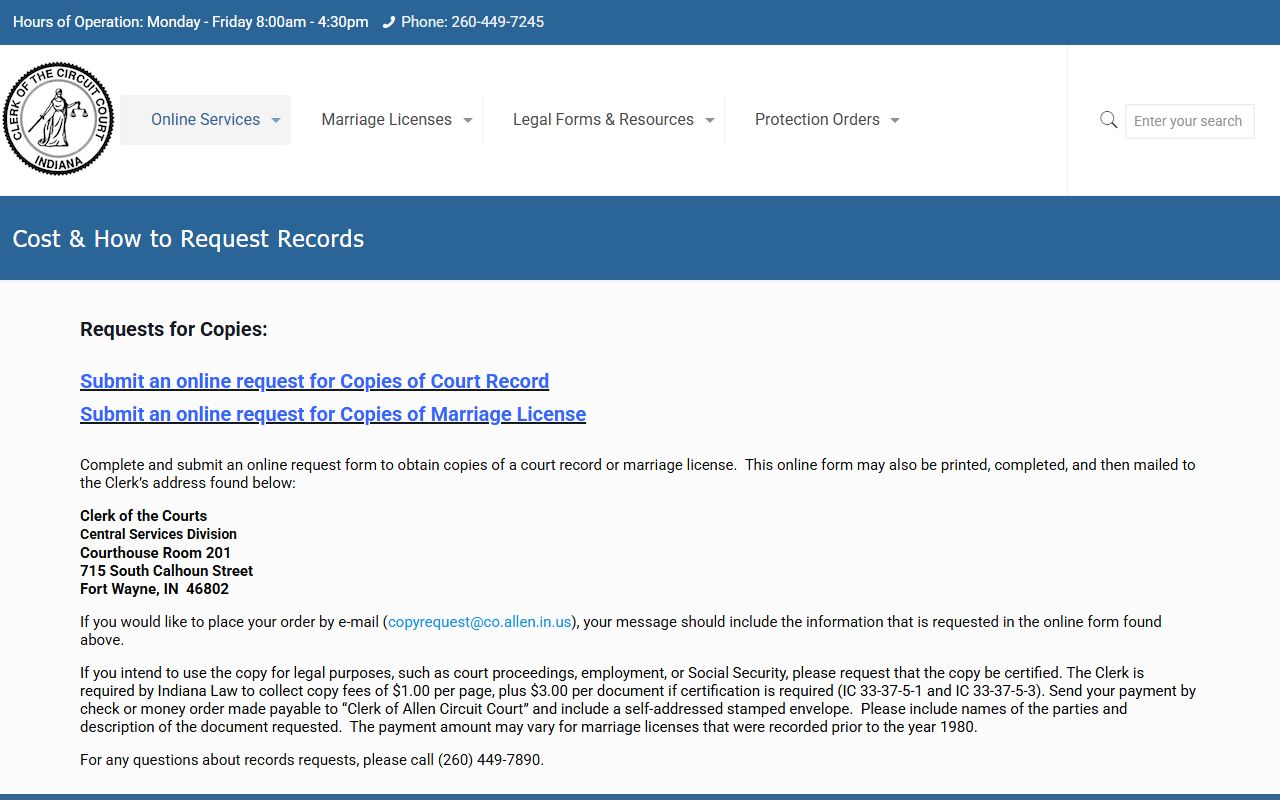 Allen County Clerk of Court copy cost and request instructions