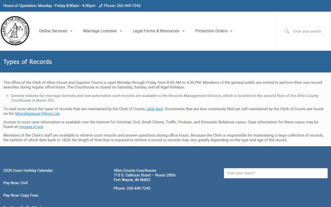 Allen County Clerk of Court records type page