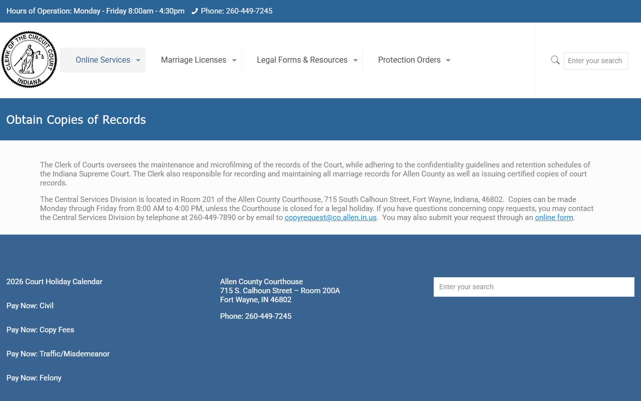 Allen County Clerk of Court copy request page