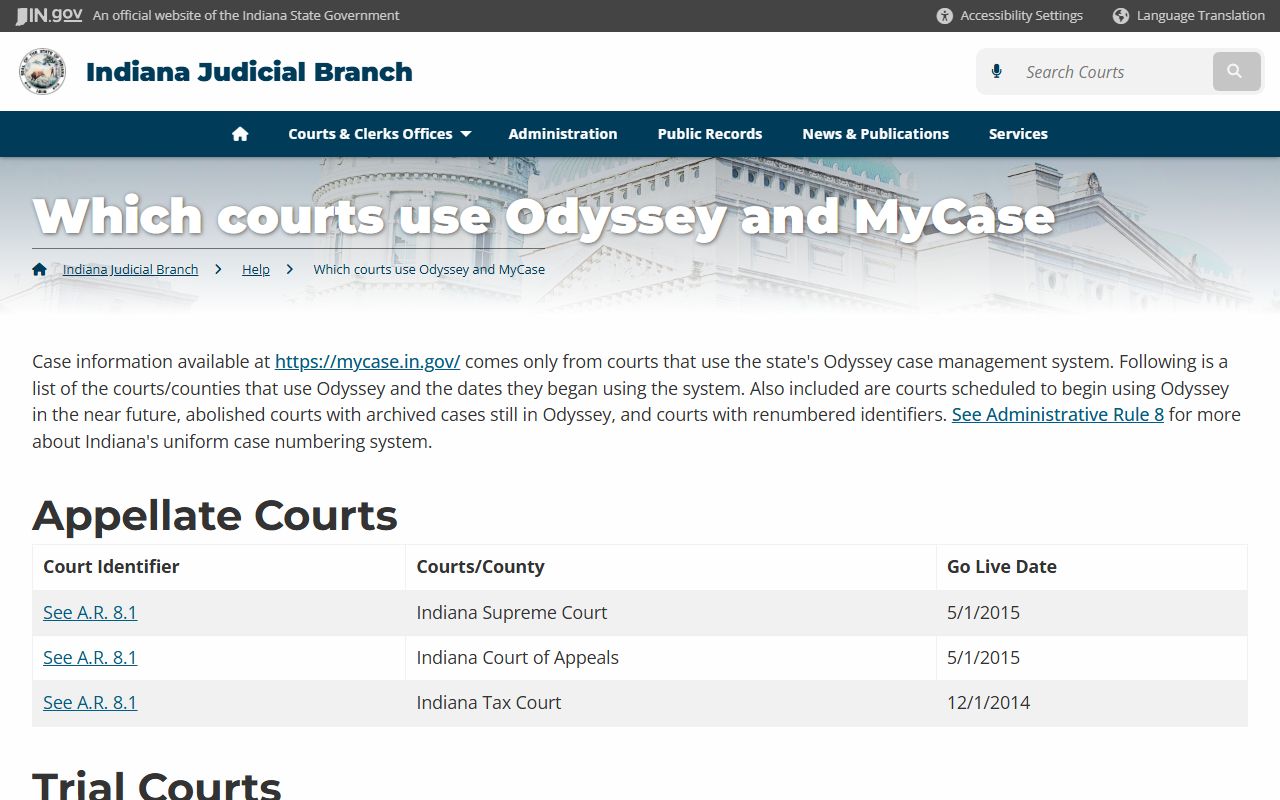 Indiana Odyssey courts list covering Allen County court records