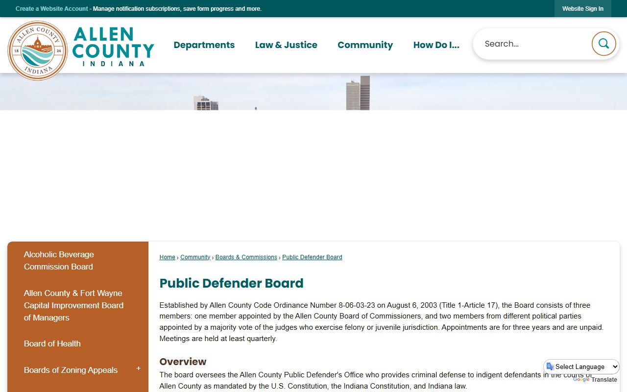 Allen County Public Defender Board page for criminal records and defense