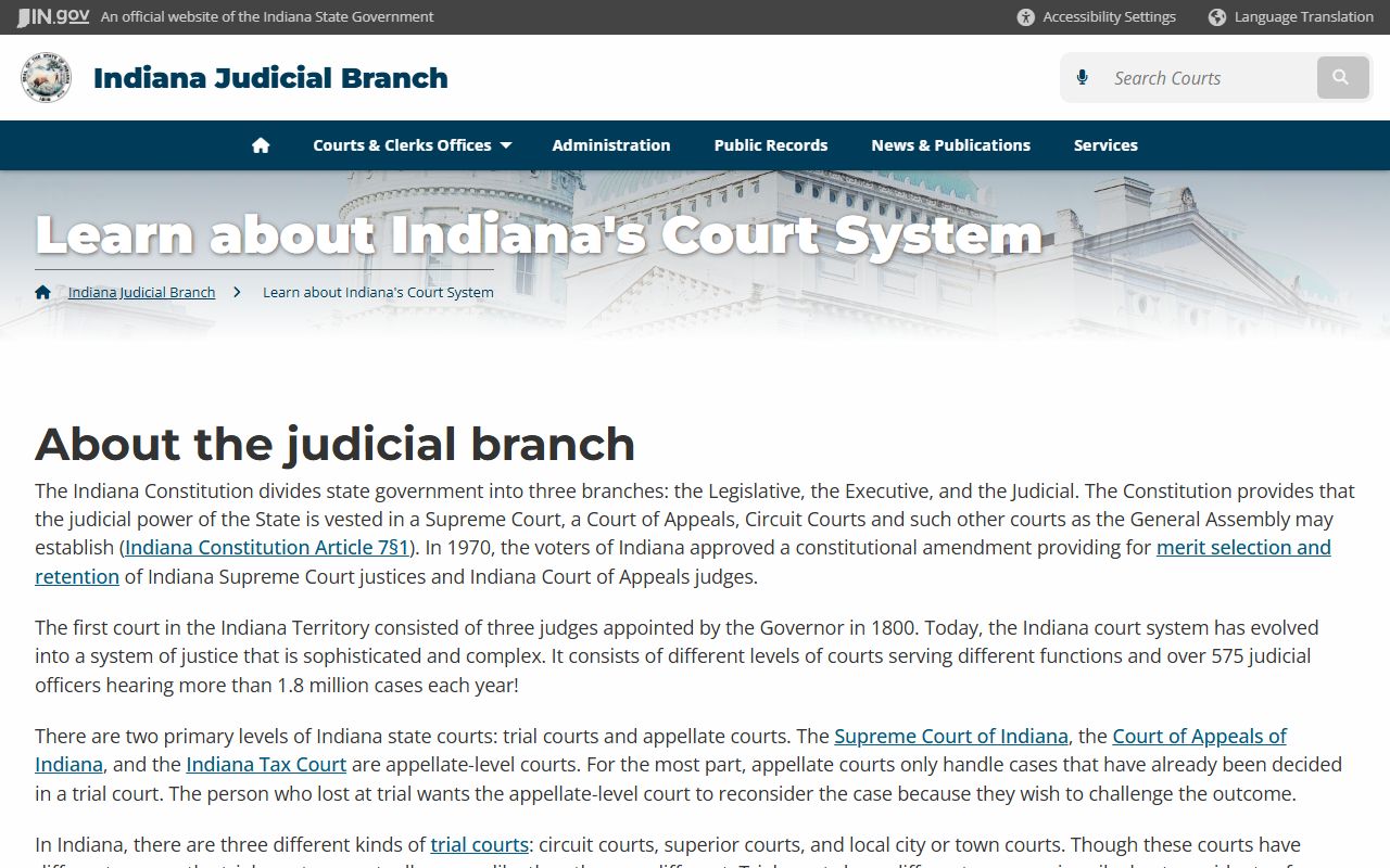 Indiana Judicial Branch overview covering Allen County trial courts