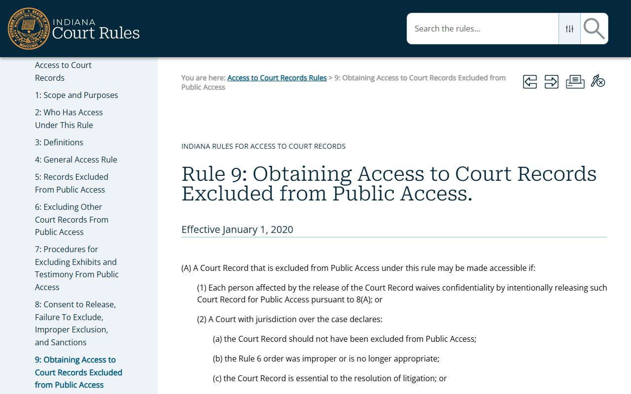Indiana Access to Court Records Rule 9 for requesting excluded Allen County records
