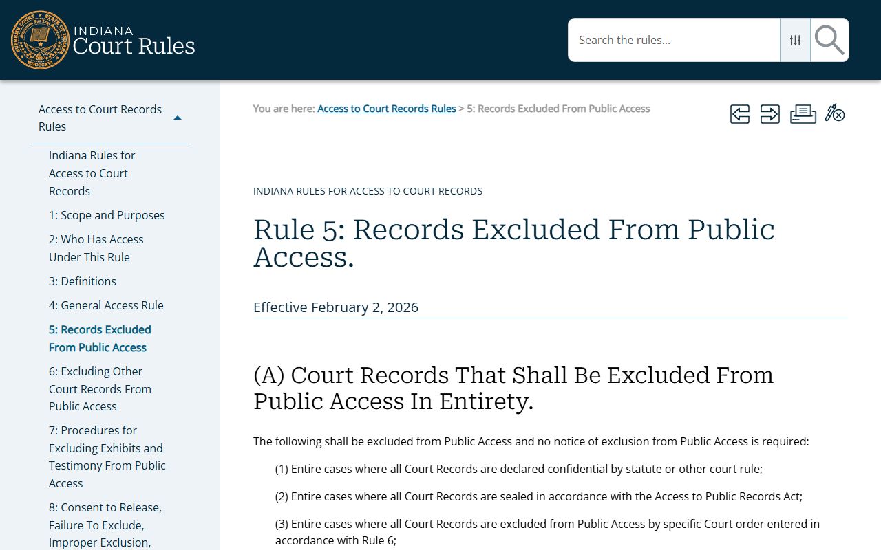 Indiana Access to Court Records Rule 5 excluding certain Allen County court records