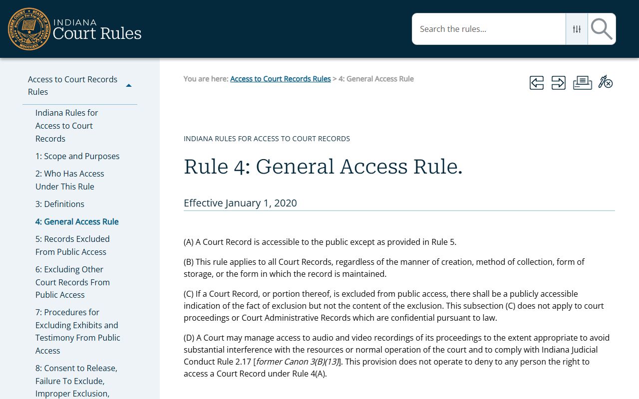 Indiana Access to Court Records Rule 4 general access for Allen County court records