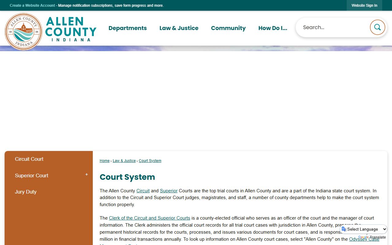 Allen County court system page describing the Circuit and Superior Courts