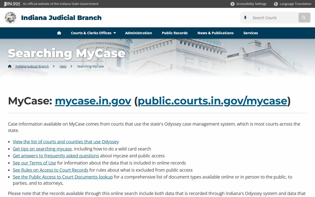Indiana MyCase help page for searching Allen County court records