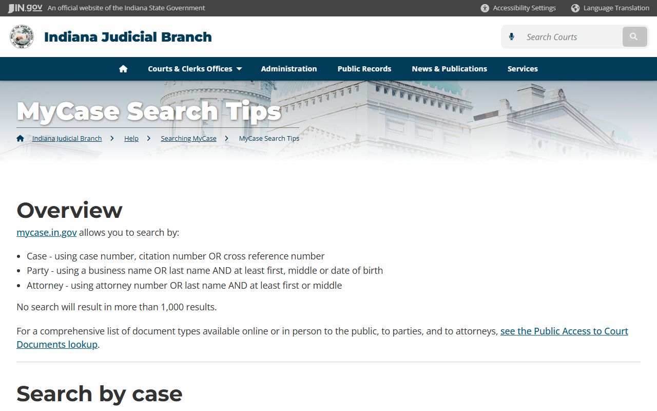 Allen County court records search on the Indiana MyCase portal