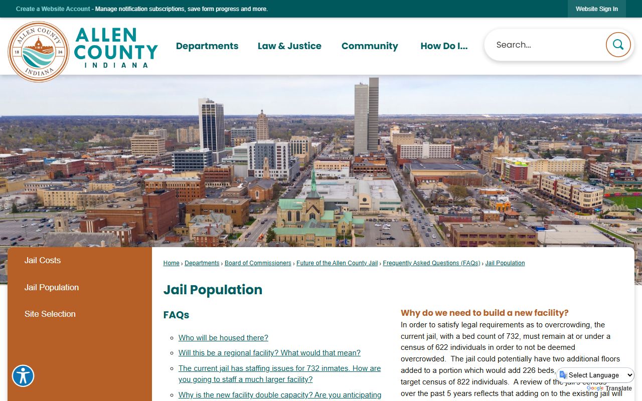 Allen County jail population FAQ with bed count and capacity target