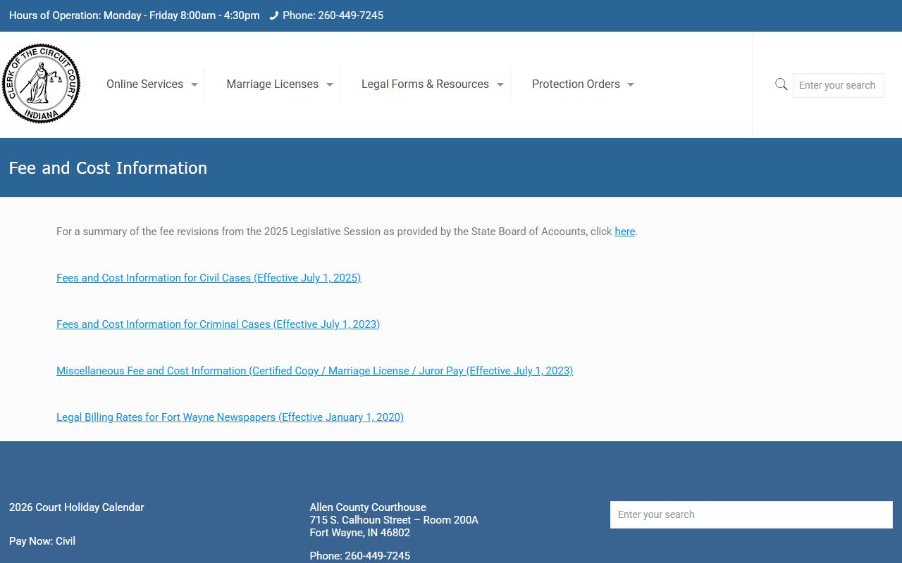Allen County Clerk fee page for marriage and court records
