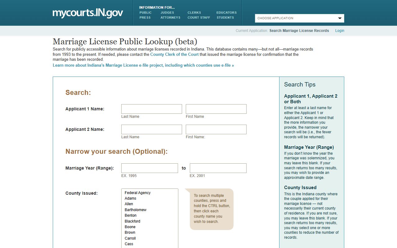 Allen County marriage license application page
