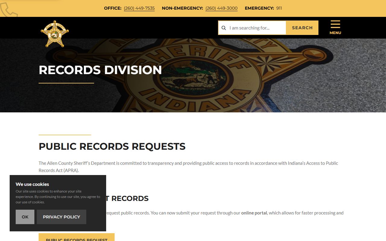 Allen County Sheriff Records Division public records request page