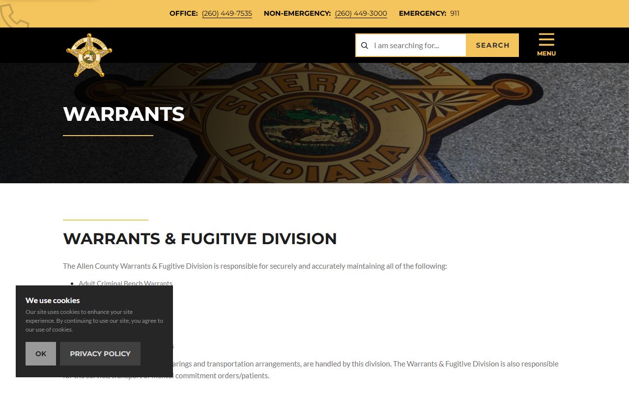 Allen County Sheriff Warrant and Fugitive Division warrant records page