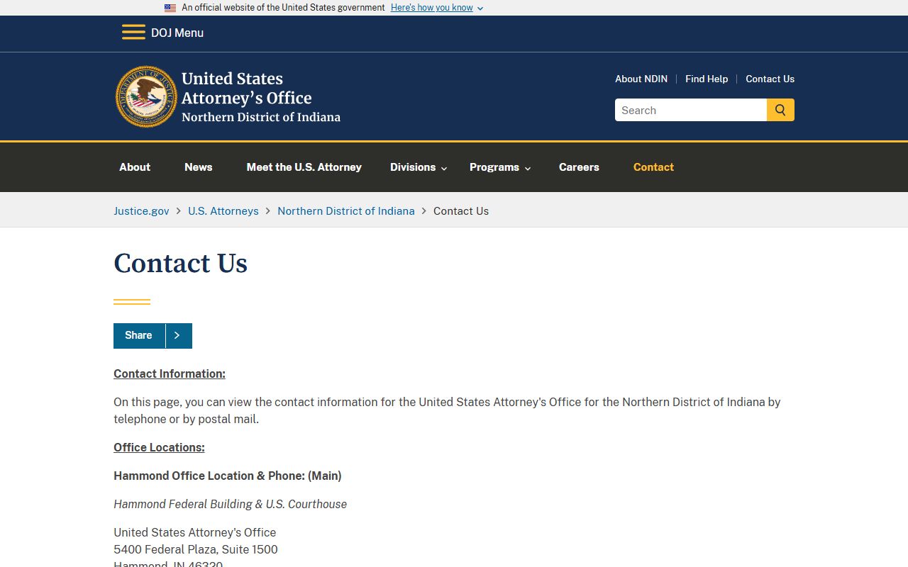 U.S. Attorney Northern District of Indiana contact page
